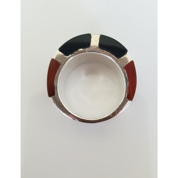 Vintage Onyx Carnelian and Marcasite Sterling Silver Wide Ring Band - Picture 4 of 9